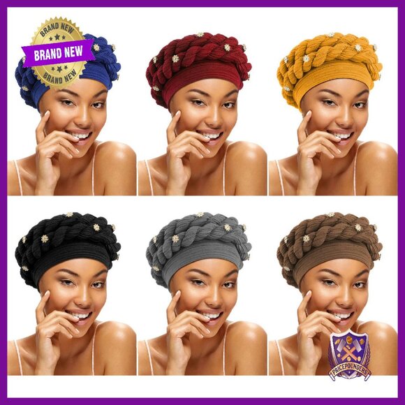 6 Pack Silky Fiber Faux Bead Twisted Turban Head Wraps One Size